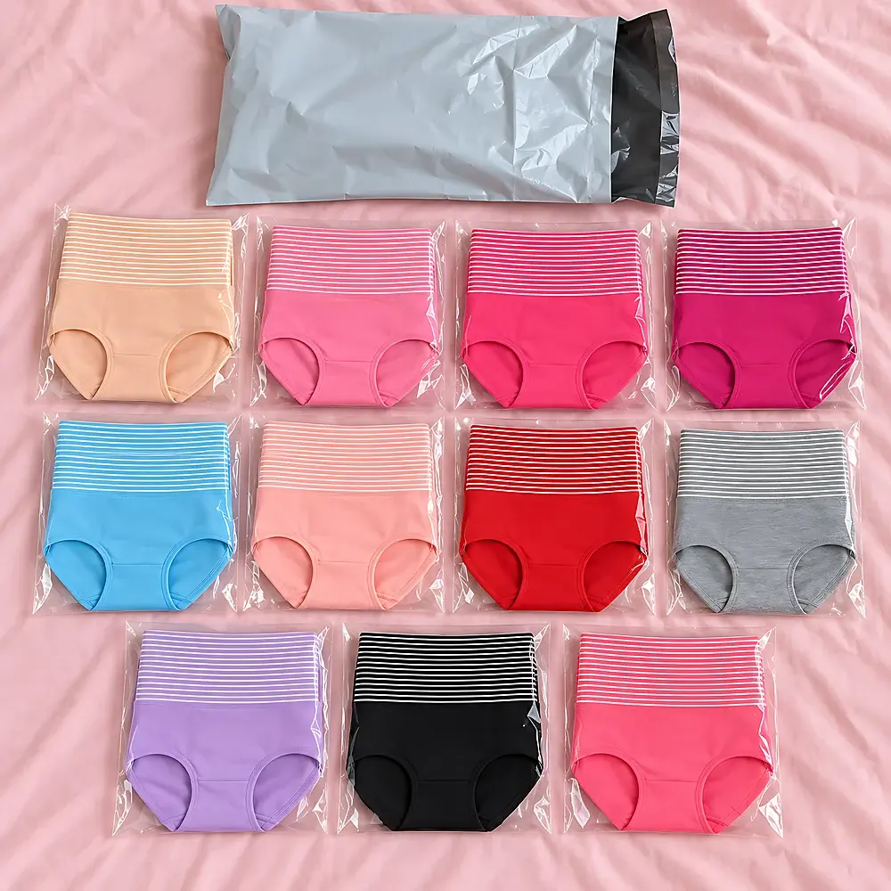 Sebelas helai seluar dalam pinggang tinggi pelbagai warna dalam plastik, sampai dengan bungkusan pos